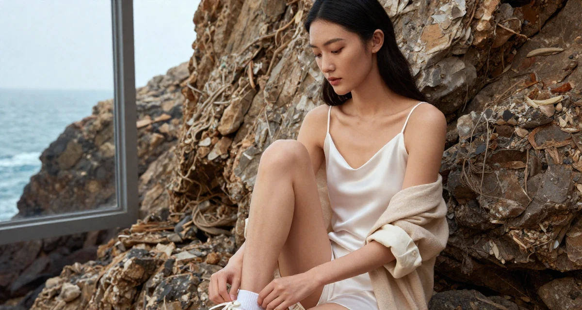 A composed Female Born Chinese-speaking regions, studied strategic communication in their 22, realizing their parents were right about sleep, wearing a white silk camisole and a beige cardigan, rolling up sleeves in a rocky ocean cliff.
