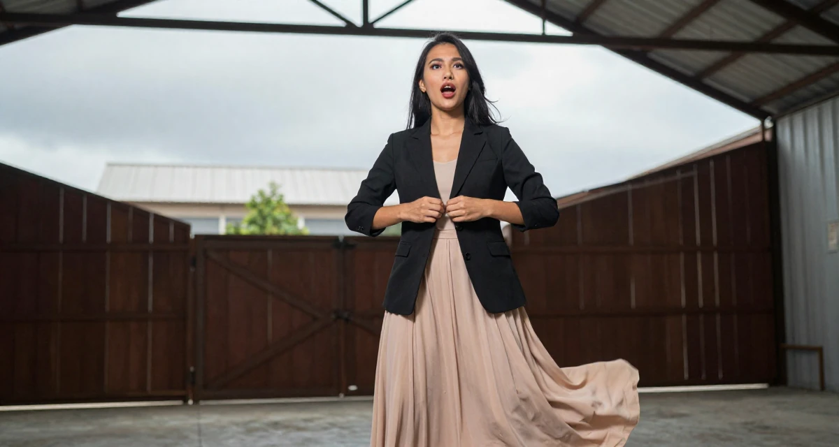 A passionate Female From Malaysia, based in Malacca, graduated from a creative college majoring in sensual composition design in their 21, trying to act professional at a first internship, wearing a flowing maxi skirt and top, buttoning up a jacket in a barn interior.