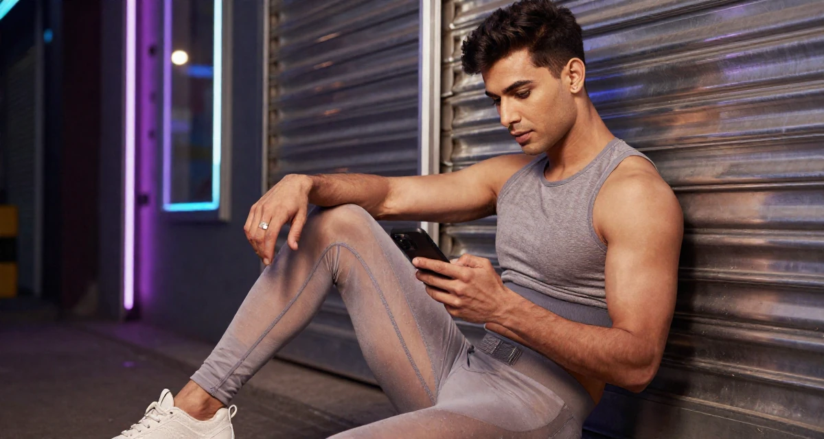 A quietly confident male Raised in Pakistan, majored in mass communication in their 22, figuring out what content brings recurring subs, wearing a sheer paneled leggings and a sports crop top, scrolling casually in a neon-lit street.