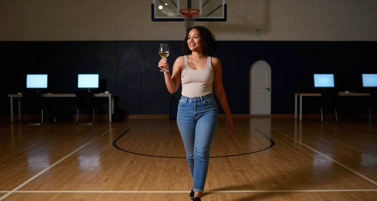 A optimistic Female From Amsterdam Netherlands, studied creative business in their 25, learning lighting tricks that highlight sensual curves safely, wearing a simple tank top and jeans, holding a wine glass by the stem in a basketball court.