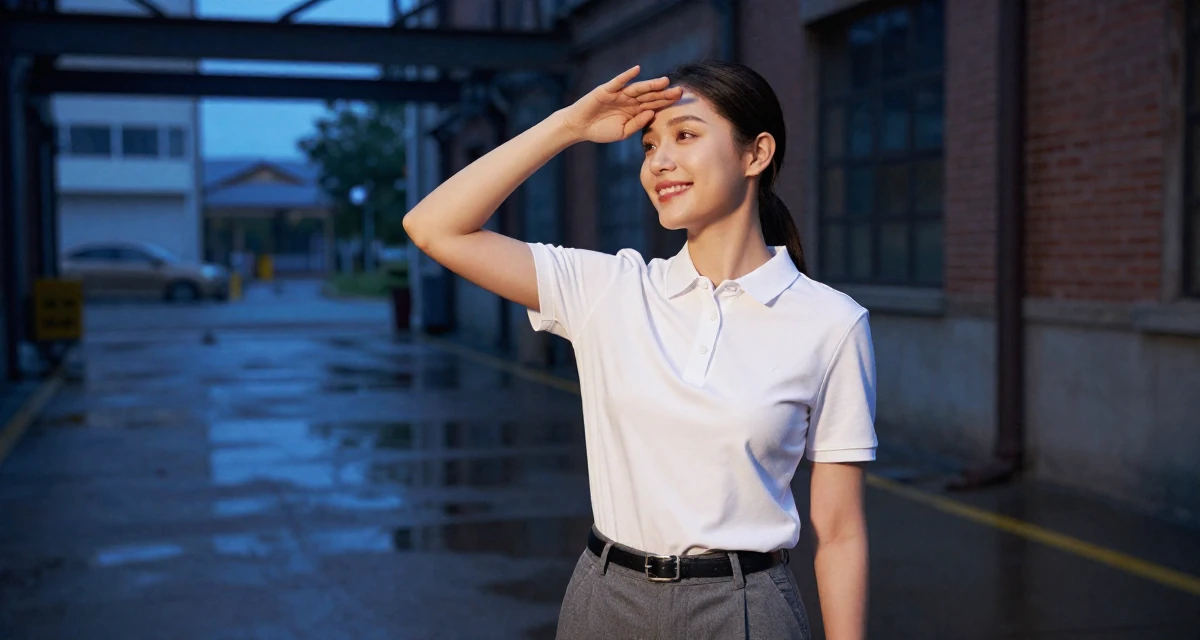 A blissful Female Once a digital-marketing intern, now running her own creator brand in their 23, analyzing which posts convert best, wearing a smart polo shirt and slacks, shading eyes with a hand in a industrial loft.