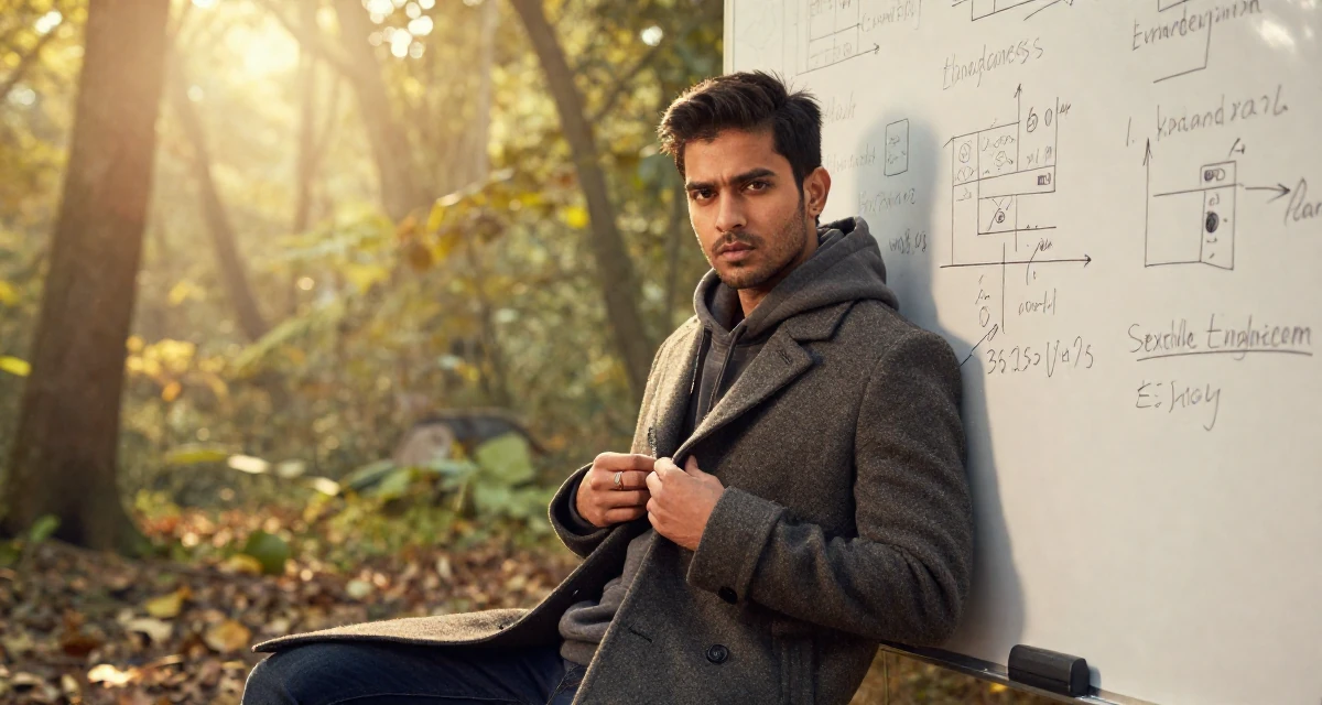 A enigmatic male From Bangladesh, studied textile engineering in their 25, wearing a tailored coat and looking sharp, wearing a oversized hoodie worn as a dress, zipping up a hoodie in a magical forest clearing.