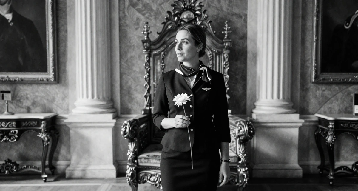 A refreshed Female Former flight attendant, now offering global-inspired aesthetic content in their 47, art collector sharing gallery experiences, wearing a dark academia inspired outfit, holding a single flower in a royal palace throne room.