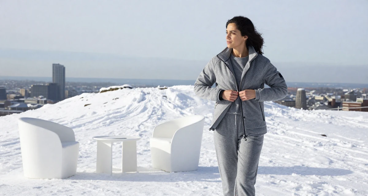 A introspective Female From Manchester United Kingdom, studied sports science in their 25, discovering early creative passions, wearing a comfortable lounge wear set, buttoning up a jacket in a snowy mountain peak.