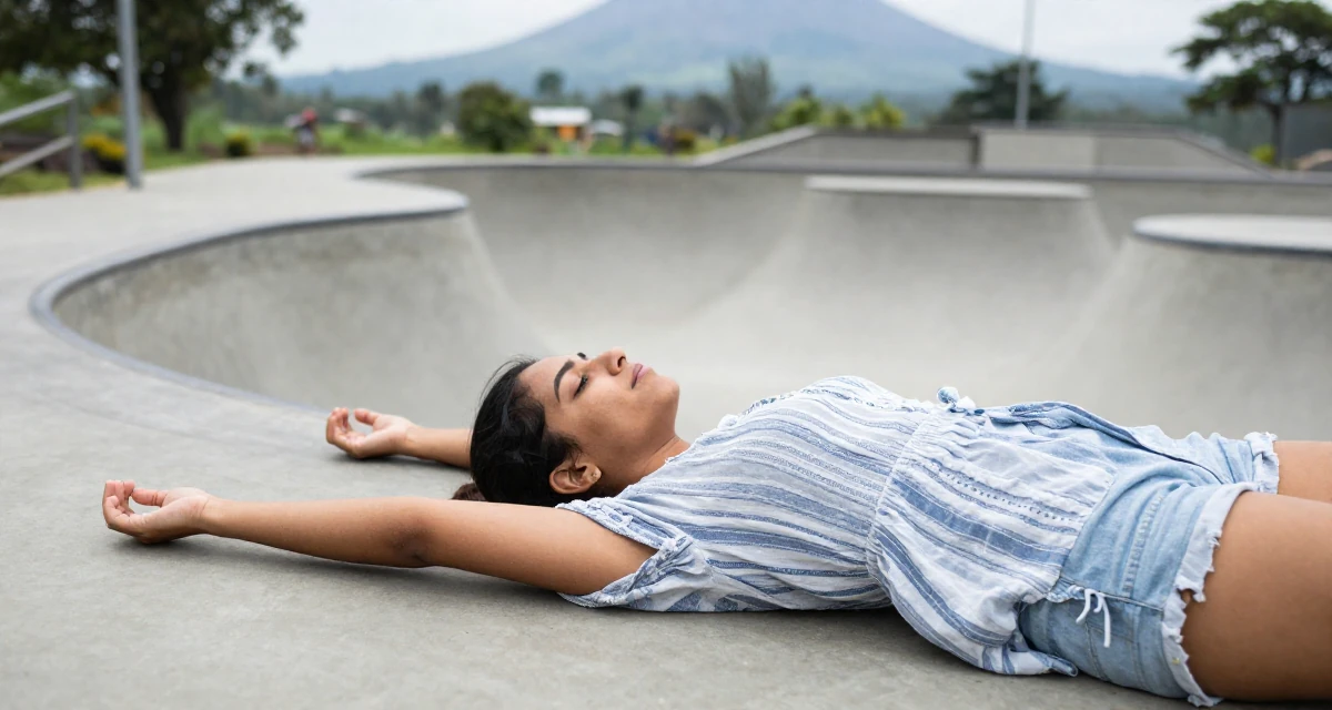 A indifferent Female From Sri Lanka, based in Kandy, graduated from a regional institute majoring in advertising in their 23, learning how to say “no” to requests outside comfort, wearing a breezy summer vacation outfit, stretching arms in a skate park.