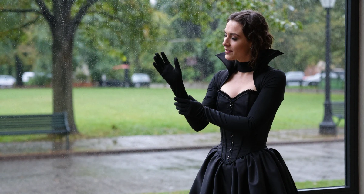 A sincere Female Former spa receptionist, now blending beauty with calm-aesthetic content in their 22, maintaining emotional distance while delivering flirty energy, wearing a vampire queen gown with a high collar and corset, removing a glove in a quiet park.