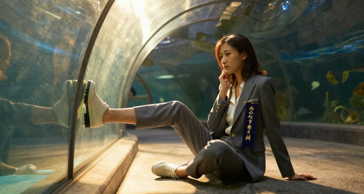 A timid Female From China, holds a degree in human resource management in their 25, vibrating with creative potential, wearing a sleek modern tailored look, dangling a shoe from one foot in a aquarium tunnel.