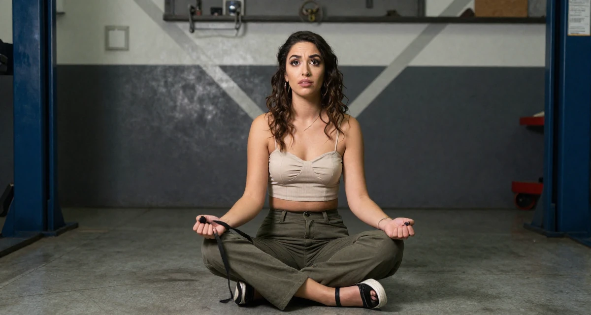 A puzzled Female From Israel, studied behavioral economics in their 23, discovering how makeup transforms flirty confidence, wearing a cropped bustier top and high-waisted slacks, holding a leash in a mechanic garage.