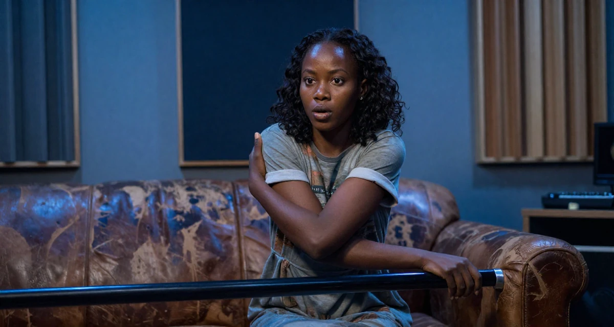 A fascinated Female From Mali, majored in agricultural management in their 24, forming long-term goals for the first time, wearing a t-shirt dress with the sleeves rolled up, grabbing a railing for support in a music studio.