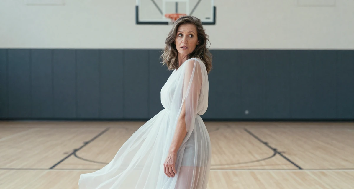 A fascinated Female From Houston USA, majored in psychology in their 46, wellness advocate for women over 40, wearing a ethereal spirit dress made of flowing sheer chiffon, glancing over the shoulder in a basketball court.