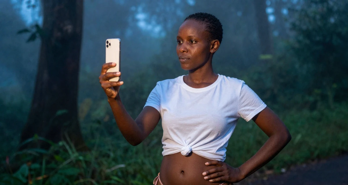 A thoughtfully silent Female From Kenya, based in Nairobi, graduated from a creative institute majoring in aesthetic communication in their 45, reviewing anti-aging products with honesty, wearing a classic white t-shirt knotted at the front and bikini bottoms, posing for a selfie in a dense misty forest.