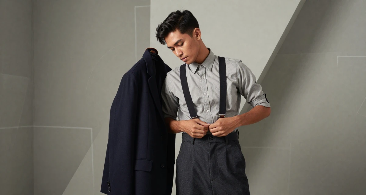 A shy male From Indonesia, based in Bali, graduated from an arts institute majoring in expressive digital portraits in their 28, feeling a renewed sense of ambition, wearing a high-waisted skirt with suspenders and a shirt, buttoning a jacket in a basement studio.