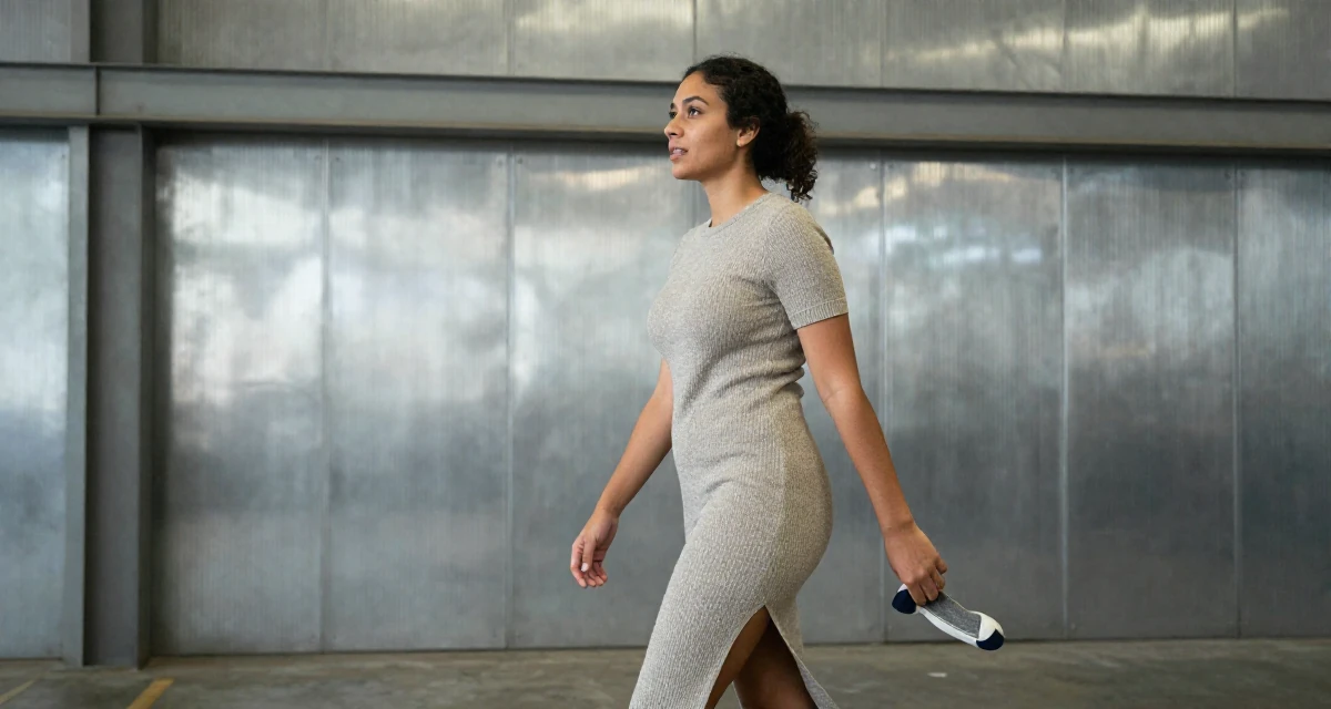 A empowered Female Born overseas, studied communication studies in their 25, building a consistent weekly posting schedule, wearing a fitted knit dress with a side slit, pulling up a sock in a industrial warehouse.