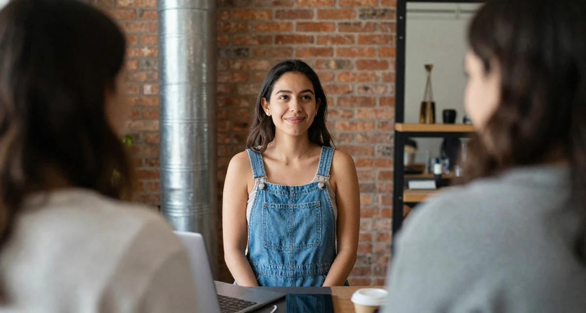 A fearless Female Raised in Mexico, majored in e-commerce management in their 37, creating a slow-living lifestyle in the suburbs, wearing a relaxed dungarees or overalls, smiling at a stranger in a loft apartment with brick walls.