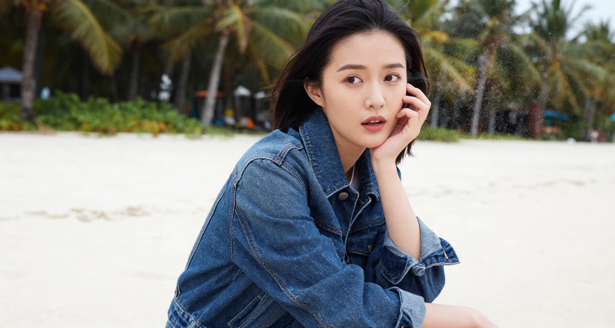 A hypnotic Female From Guangzhou China, studied international business in their 25, excited but unsure about how to grow first followers, wearing a fashionable denim on denim, humming a tune visually in a tropical white sand beach.