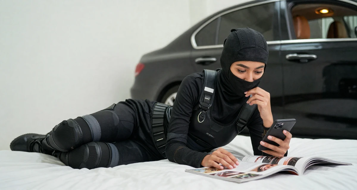 A softly smiling Female From Malaysia, based in Malacca, graduated from a creative college majoring in sensual composition design in their 22, biting a lip while checking a phone, wearing a tech-wear ninja outfit with a face mask, flipping through a magazine in a minimalist bedroom.
