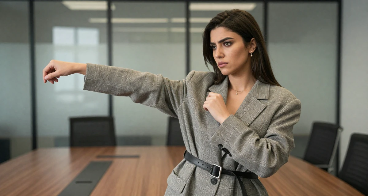 A determined Female From Syria, studied business IT in their 24, worried about the future of the economy, wearing a oversized blazer worn as a dress with a belt, fixing a cufflink in a conference room.