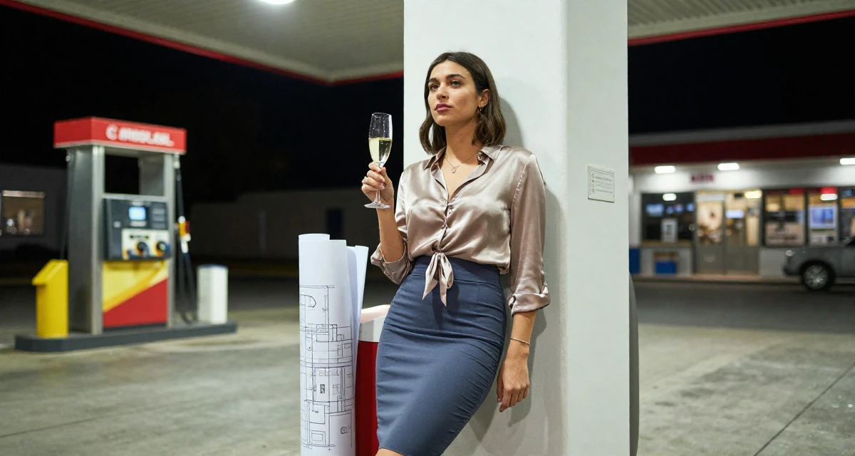 A fearless Female Grew up in Croatia, studied interaction design in their 25, discovering passions through extracurricular activities, wearing a tight pencil skirt and a tucked-in silk blouse, holding a champagne glass in a gas station at night.