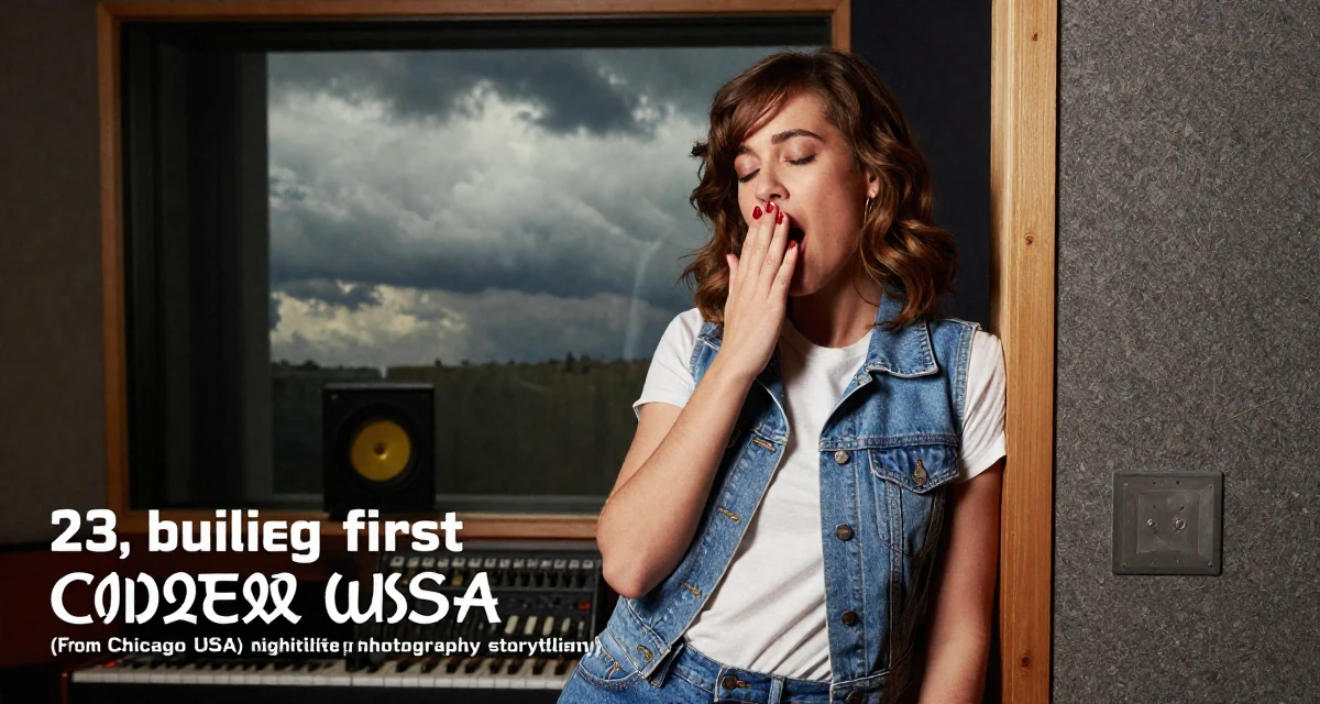 A gentle Female From Chicago USA, practiced nightlife photography storytelling in their 23, building first professional networks, wearing a retro 90s casual vibe, stifling a yawn in a recording booth.