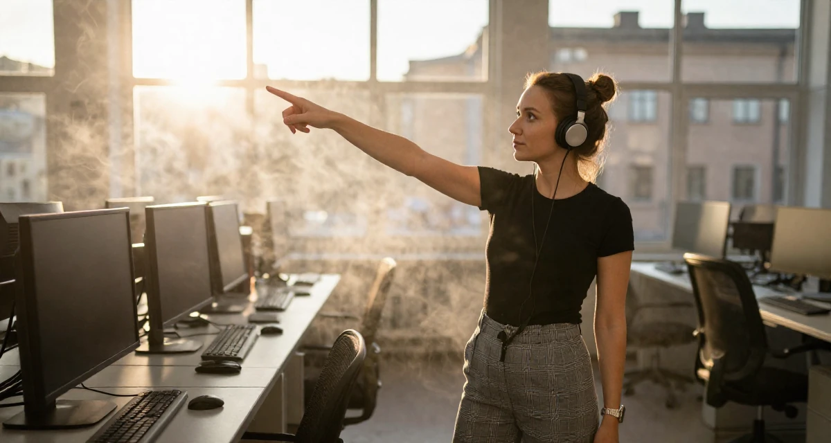 A patient Female From Helsinki Finland, practiced emotional expression through self-portrait art in their 32, urban explorer finding beauty in the city, wearing a grey plaid trousers and a fitted black tee, listening to music with headphones in a cybernetic computer lab.