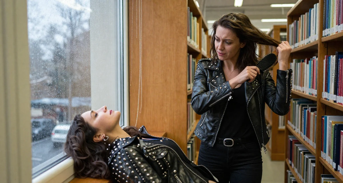 A emotionally moved Female From Azerbaijan, majored in petroleum engineering in their 24, walking briskly with purpose and focus, wearing a heavy metal rocker outfit with studs and leather, brushing hair back in a library aisle.