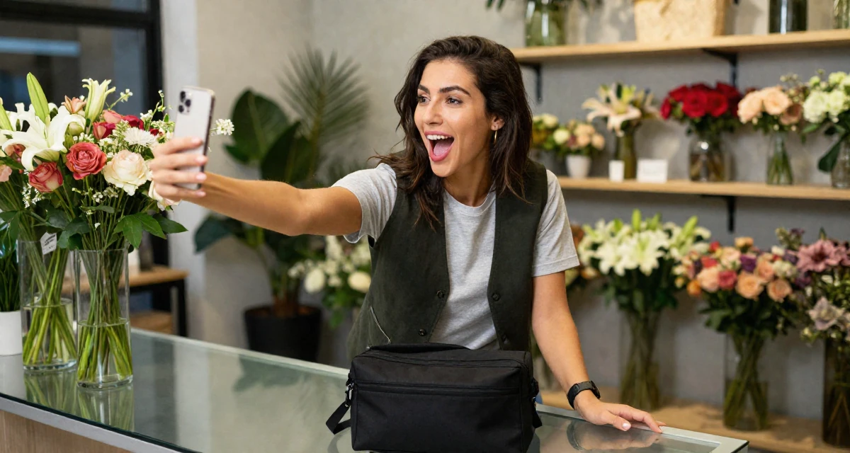 A victorious Female Former aerobics instructor, now filming premium workout sessions in their 23, exploring flirtatious selfies that feel natural, wearing a casual vest and t-shirt layer, closing a bag in a flower shop.