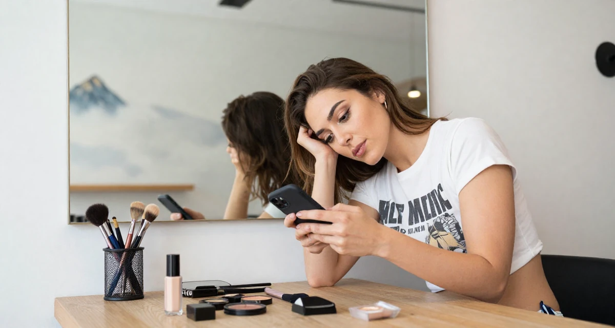 A whimsical Female Once a makeup counter employee, now teaching glam techniques to fans in their 37, establishing authority in a niche market, wearing a cropped graphic tee and bikini bottoms, checking a phone in a cozy café.