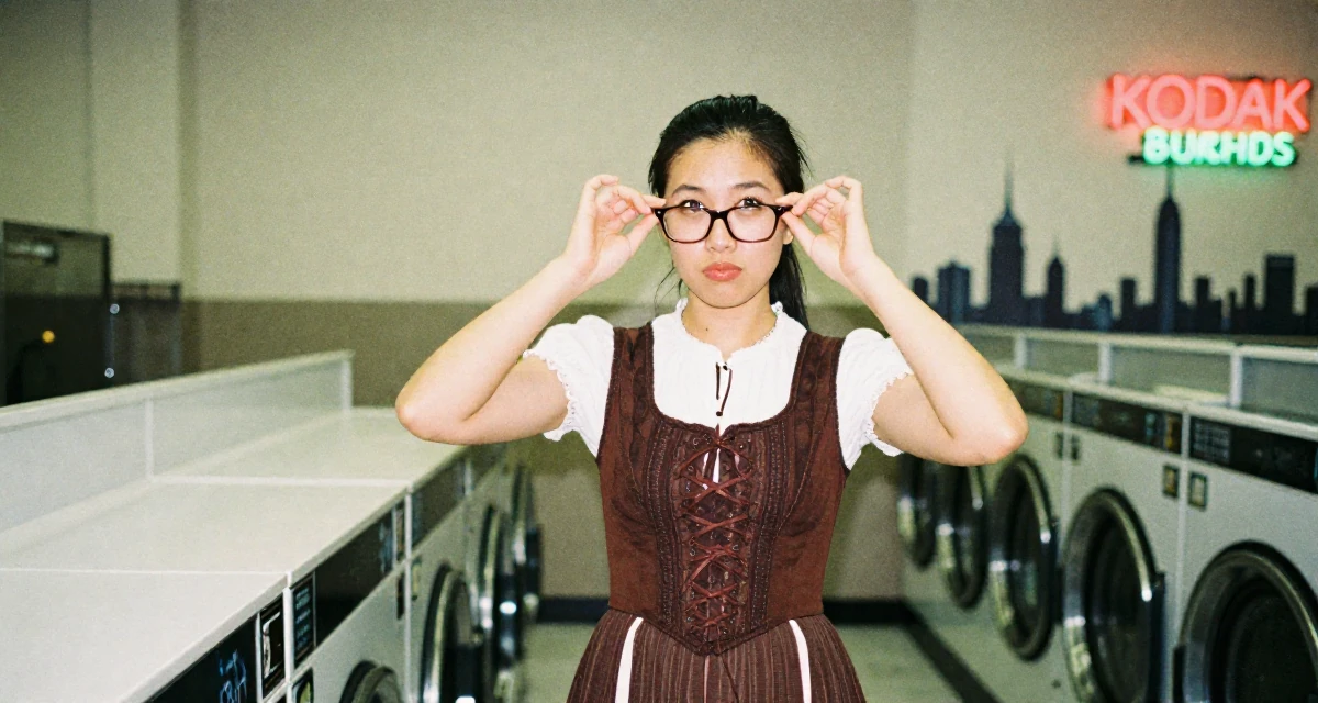 A mischievous Female From Vietnam, majored in international business in their 32, seeking intellectual challenges over busy work, wearing a peasant girl corset dress with a white blouse, pushing glasses up the nose in a laundromat with neon signs.