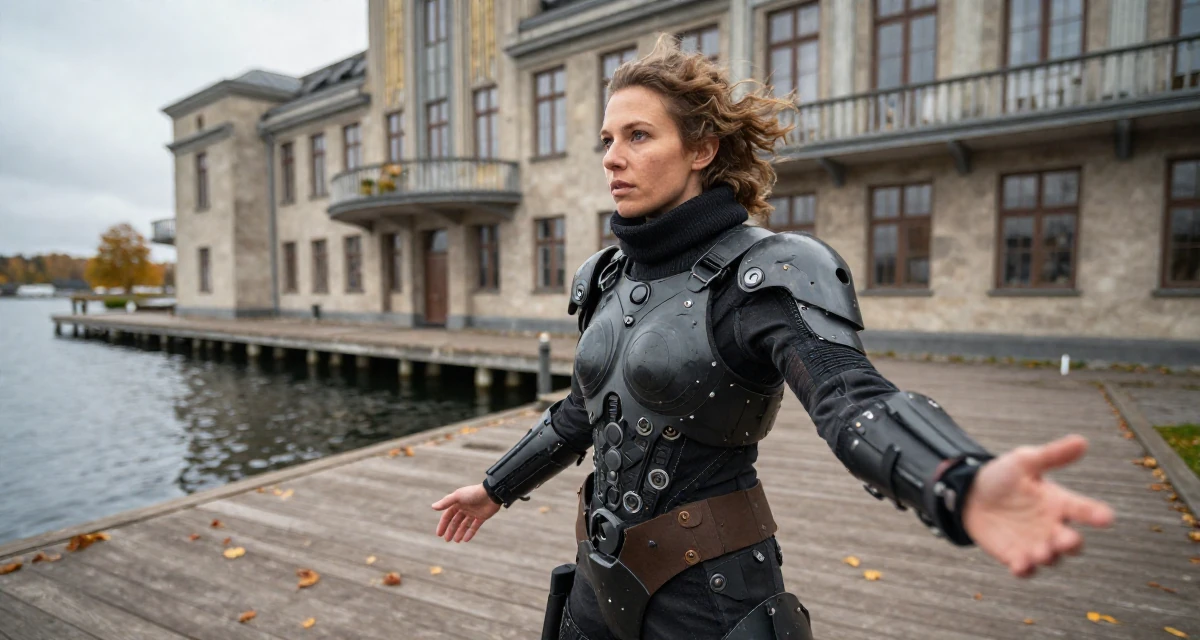 A cold and distant Female From Denmark, majored in data analytics in their 32, building a side hustle while working full-time, wearing a biopunk organic armor suit, posing for a selfie in a lakeside dock.