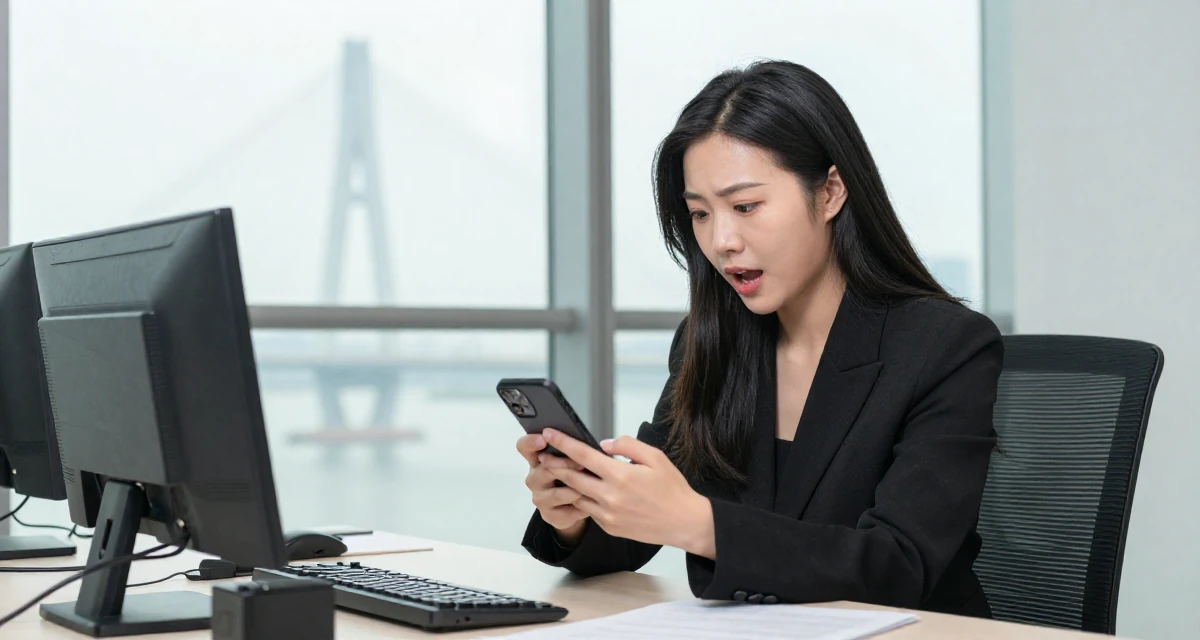 A energetic Female From China, holds a degree in human resource management in their 25, discovering the mental toll of constant visibility, wearing a monochromatic black outfit, unlocking a phone screen in a messy desk.