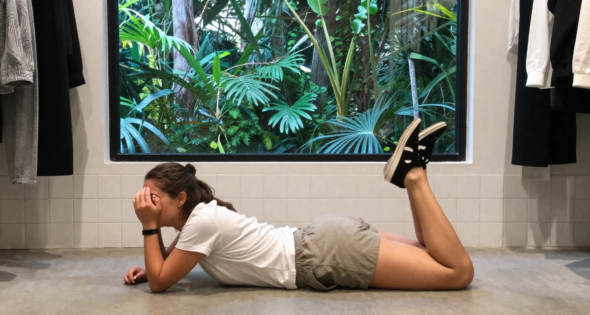 A affectionate Female From Australia, majored in e-commerce in their 30, trying to escape corporate burnout, wearing a minimalist everyday clothing, rubbing eyes in a clothing boutique.