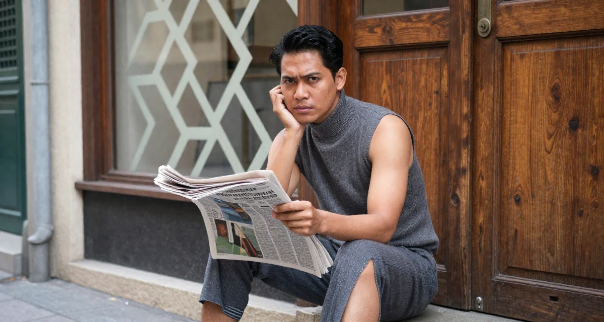 A determined male Born in Indonesia, studied brand communication in their 38, rediscovering old hobbies like painting, wearing a sleeveless turtleneck dress with high side slits, holding a newspaper in a quaint European street.