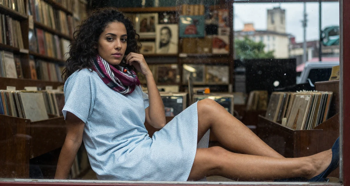 A confident Female From Brazil, majored in communication in their 24, exploring side hustles to supplement income, wearing a hospital patient gown tailored to be form-fitting, wrapping a scarf around the neck in a vintage record store.