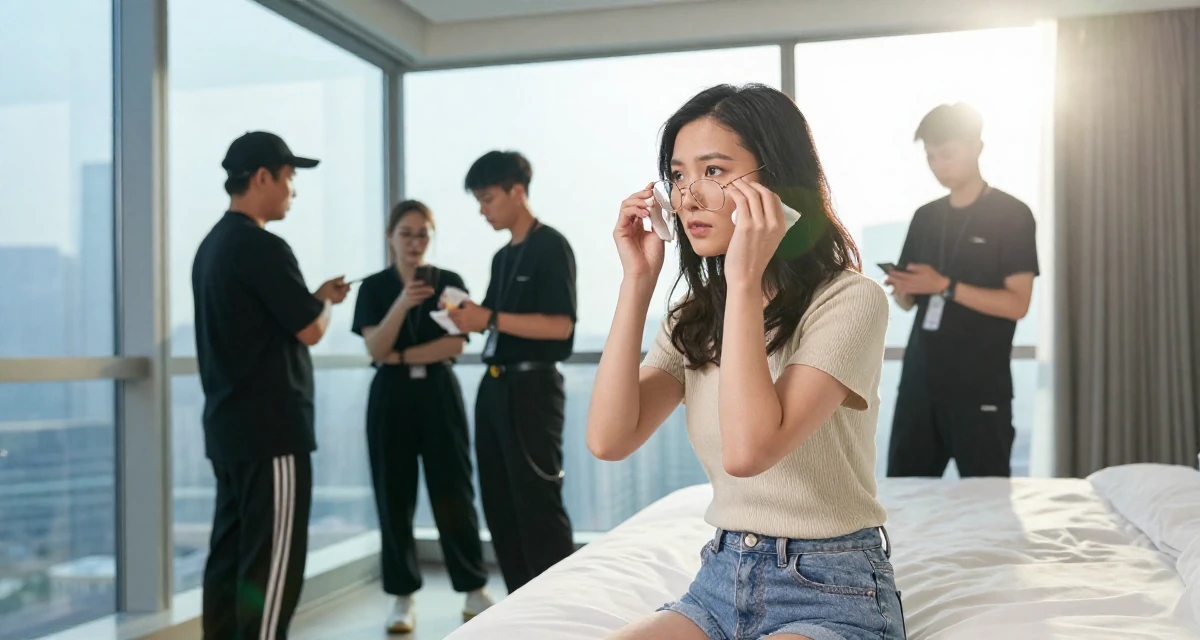 A observant Female From Macau, learned performance makeup from casino backstage crews in their 23, managing early burnout from overcommitment, wearing a retro 90s casual vibe, cleaning glasses with a cloth in a modern apartment.