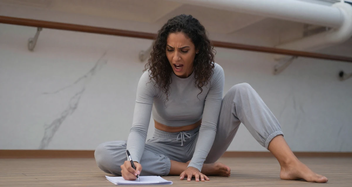 A anxious but excited Female From Brazil, based in Rio de Janeiro, graduated from an arts academy majoring in performance aesthetics in their 34, redefining what success means personally, wearing a tight long-sleeve crop top and jogger pants, holding a pen poised to write in a cruise ship deck.