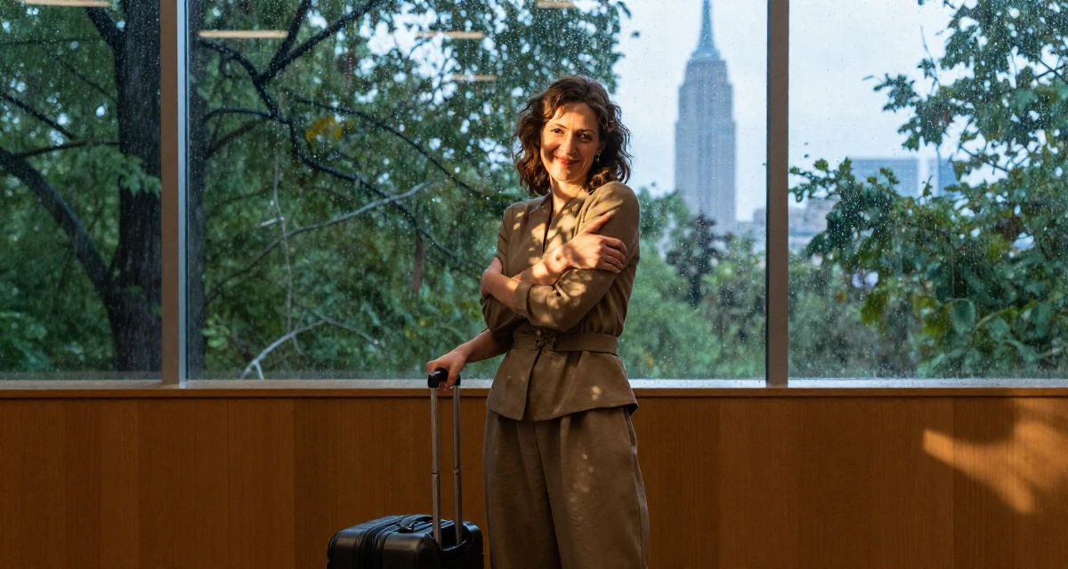 A cheerful Female From Austria, based in Graz, graduated from an arts academy majoring in emotional portrait direction in their 40, embracing natural beauty and self-acceptance, wearing a fitted waist coat and wide leg trousers, pulling a suitcase in a lecture hall.