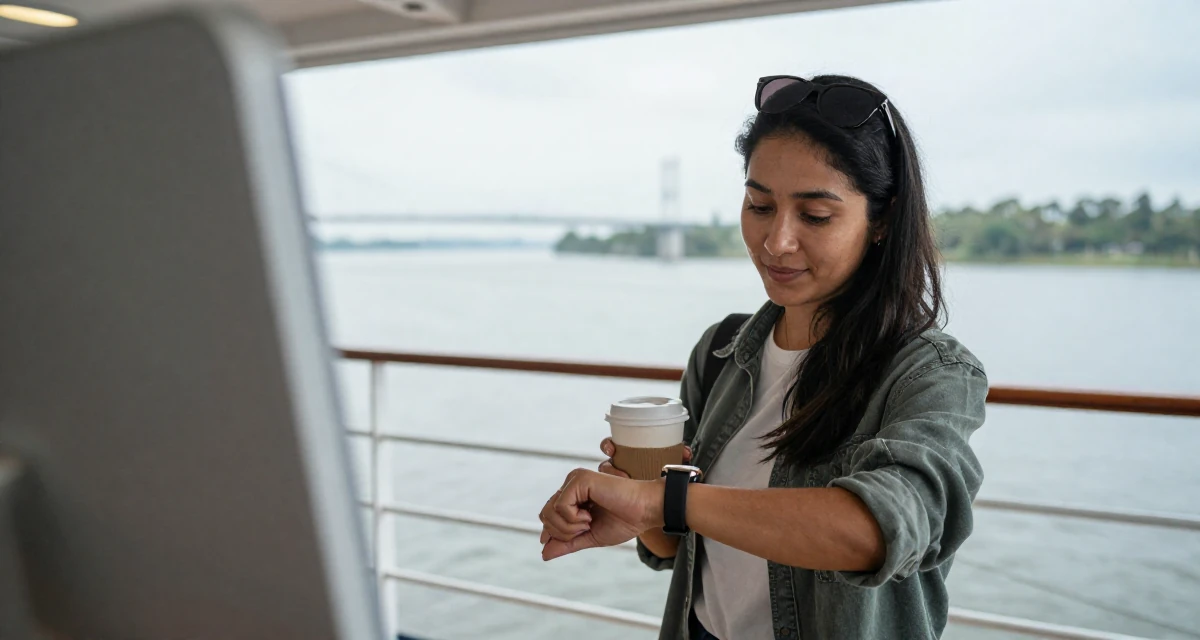 A friendly and approachable Female Former volunteer teacher, now crafting empowering creator narratives in their 23, wearing smart casual and checking a watch, wearing a relaxed streetwear, holding a cup of coffee in a cruise ship deck.