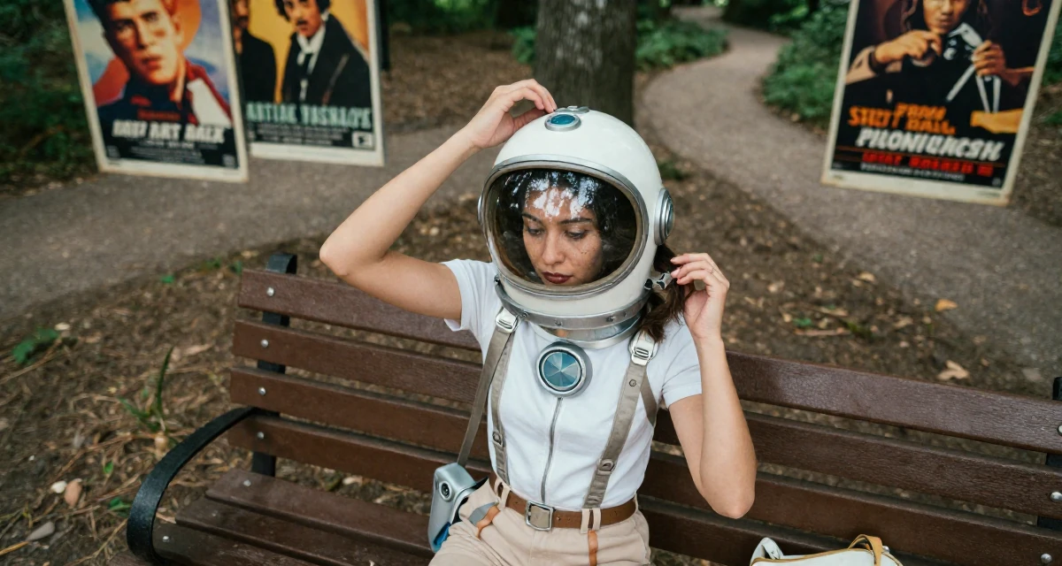 A sincere Female Once an art school dropout, now a self-taught creator with signature style in their 23, building consistency in personal projects, wearing a retro sci-fi space girl outfit with a bubble helmet, examining a product in a park bench.