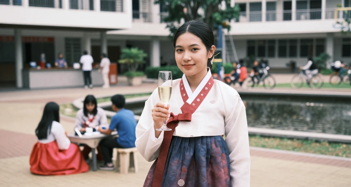 A soft Female From Kuala Lumpur Malaysia, majored in accounting in their 22, grinding nonstop while peers enjoy carefree weekends, wearing a traditional hanbok modified for a modern look, holding a champagne glass in a school playground.