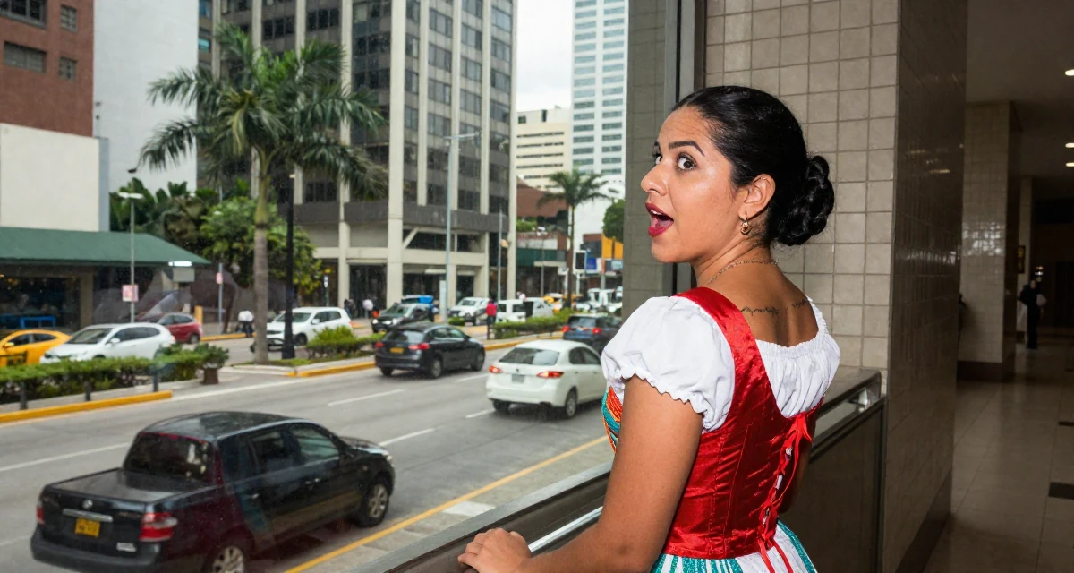 A eager Female From Colombia, has a background in performing arts in their 35, celebrating a major career milestone, wearing a peasant girl corset dress with a white blouse, watching traffic pass by in a modern skyscraper lobby.