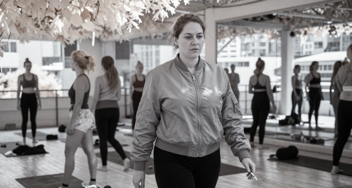 A solemn Female From South Africa, based in Cape Town, graduated from a fashion university majoring in body-positive styling in their 26, working through back-to-back burnout cycles, wearing a classic bomber jacket style, holding a cigarette (lit or unlit) in a yoga studio.
