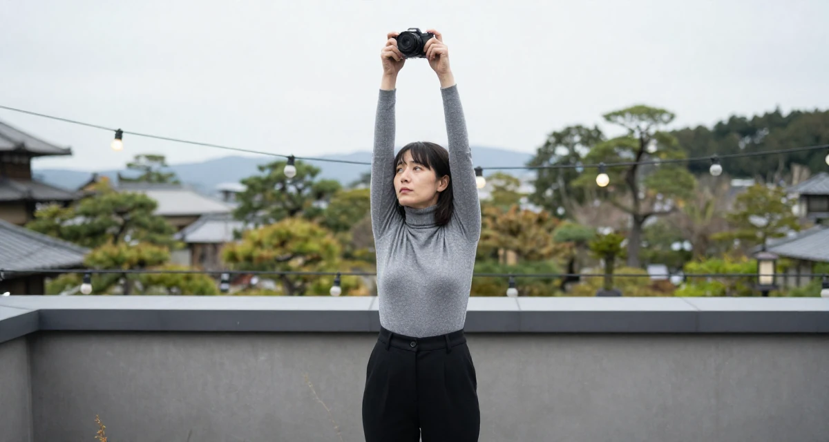 A melancholic yet beautiful Female From UK, has a background in english literature and theatre in their 25, experimenting with outfit themes and props, wearing a sophisticated turtleneck and trousers, holding a camera ready to shoot in a rooftop garden.