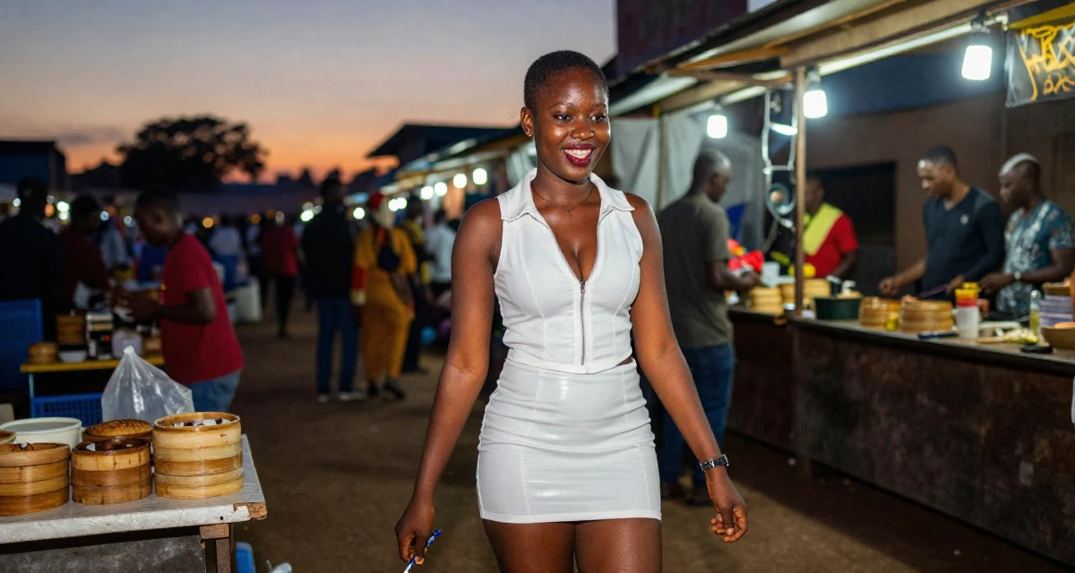 A happy Female From Ivory Coast, studied music production in their 34, refining personal style to be timeless, wearing a race queen outfit with a zipper front and mini skirt, holding a pen in a night market stall.