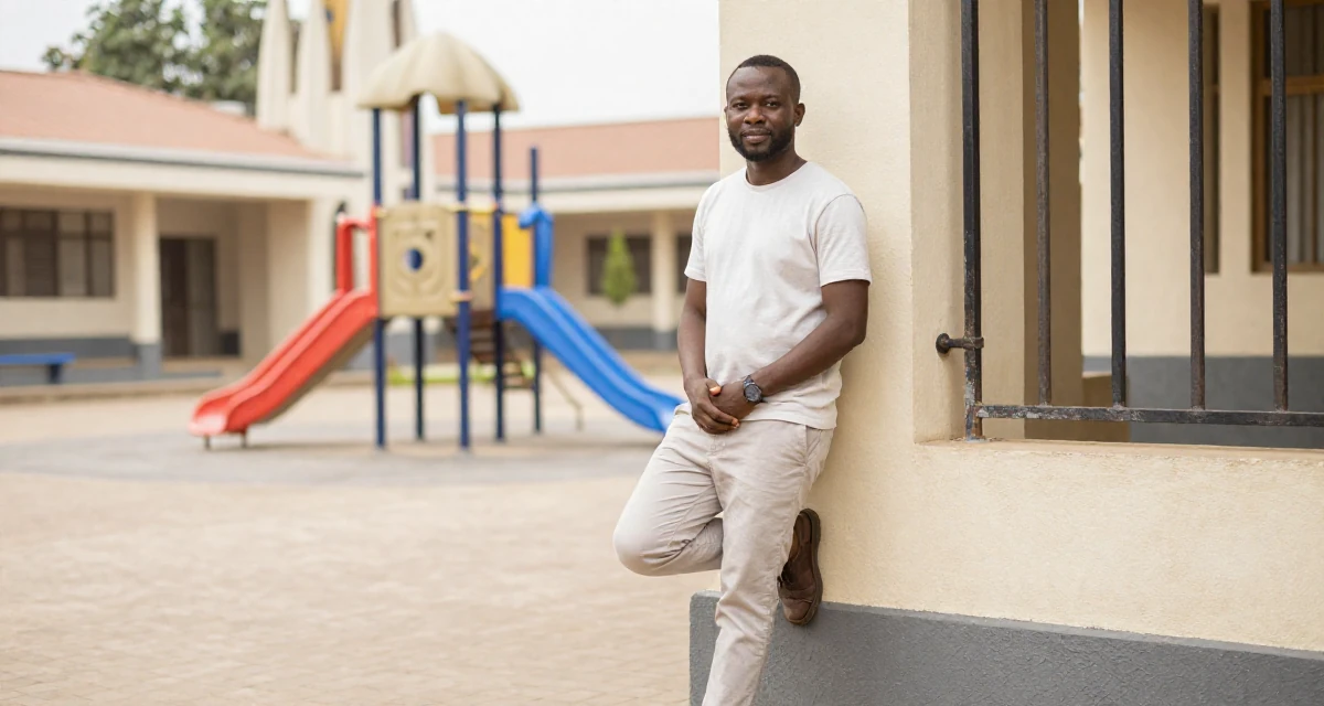 A proud and dignified male From Burundi, studied business accounting in their 38, reviewer of high-end tech products, wearing a clean, neutral-toned casual outfit, clasping hands together in a school playground.