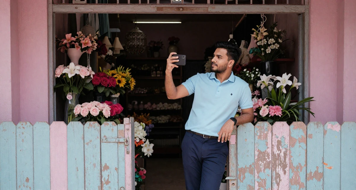 A pensive male From Sri Lanka, studied digital commerce in their 22, building a seductive aesthetic while protecting privacy, wearing a smart polo shirt and slacks, snapping a photo with a phone in a flower shop.