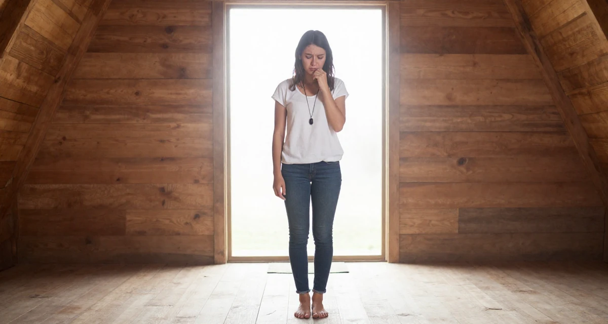 A sorrowful Female Raised in Peru, studied advertising management in their 25, struggling to maintain motivation in early studies, wearing a minimalist Scandinavian style, touching a necklace in a rustic wooden cabin interior.