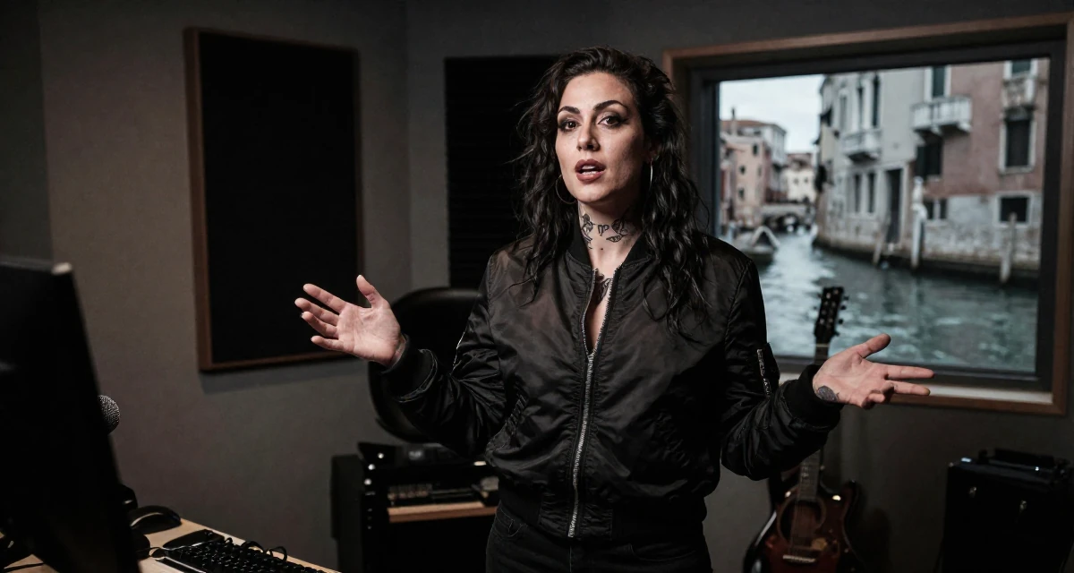 A wild Female Once a tattoo shop cashier, now modeling body-art-centric content in their 23, figuring out how to show confidence through body language, wearing a classic bomber jacket style, gesturing while talking in a music recording studio.