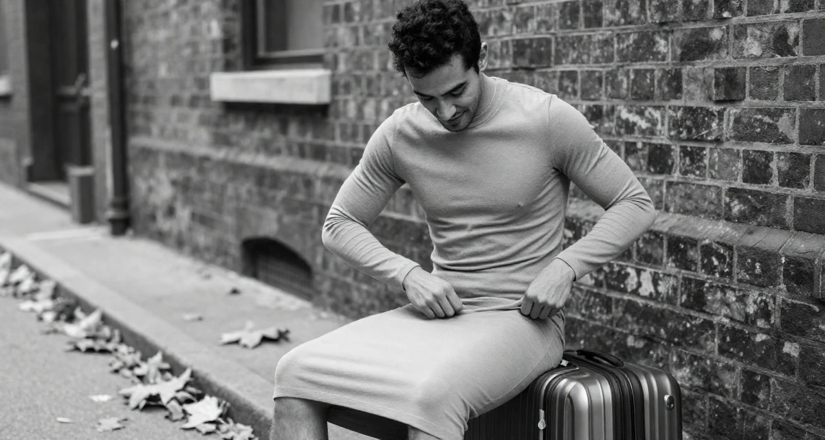 A sweet male Once a warehouse picker, now building a creator brand from scratch in their 35, sharing luxury travel experiences on a budget, wearing a long-sleeve bodycon midi dress in neutral tones, smoothing down a dress in a urban street.