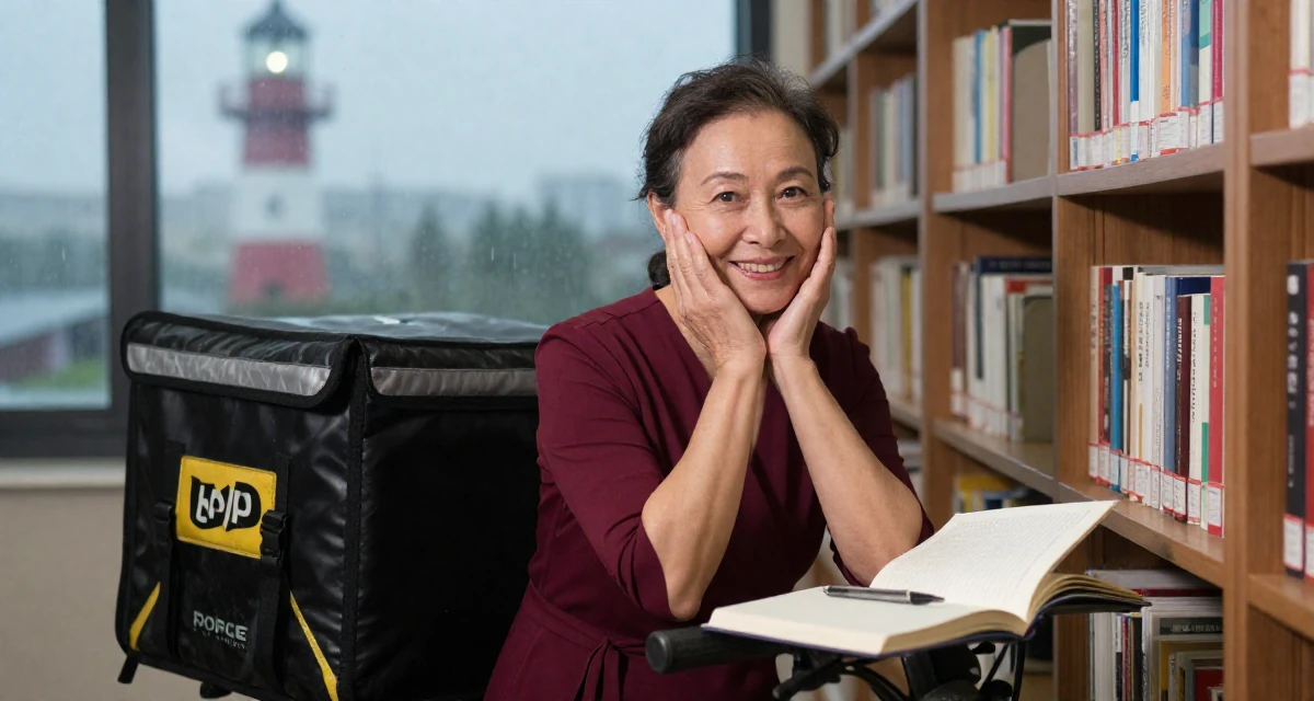 A happy Female Former food delivery biker, now exploring creator freedom in their 50, sharing the secrets of graceful aging, wearing a elegant wrap dress in deep burgundy, opening a book in a library aisle.