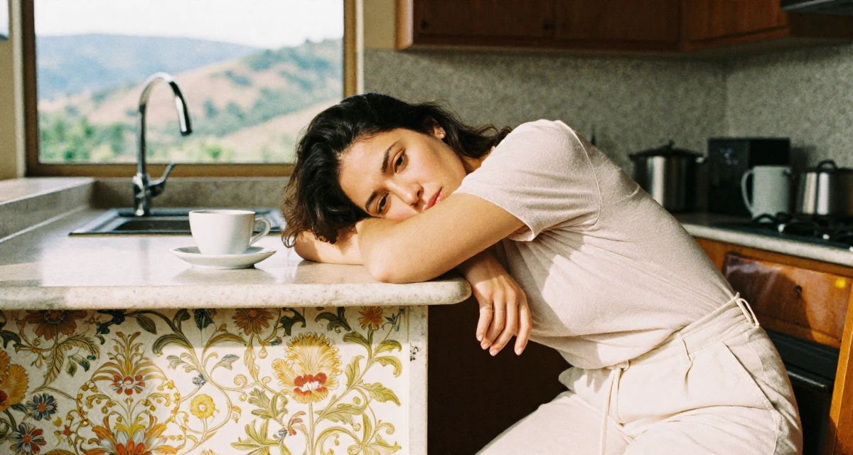 A exhausted Female Raised in Brazil, majored in multimedia arts in their 24, struggling with inconsistent motivation, wearing a soft pastel-colored ensemble, holding a cup of coffee in a sunlit kitchen island.
